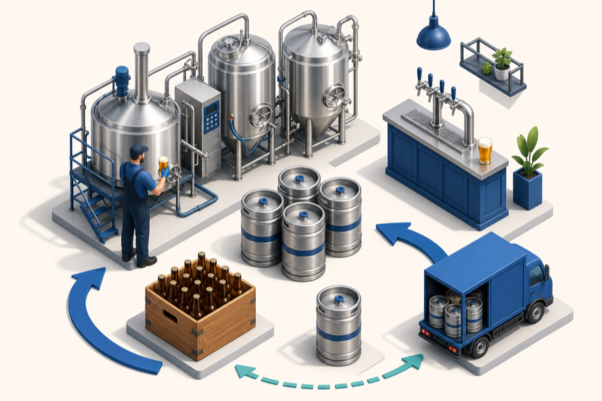 Brouwerij met brouwtanks, fusten, kratten en distributie