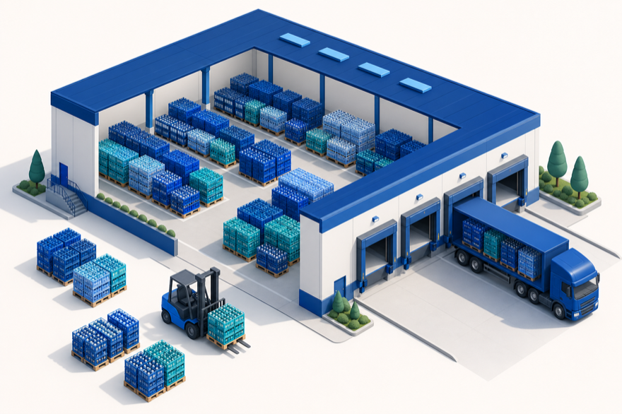 Distributiemagazijn met pallets, heftruck en vrachtwagen aan het laadperron